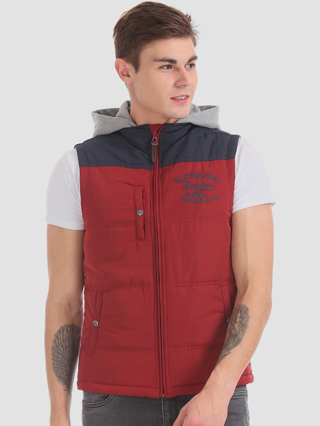 

U.S. Polo Assn. Denim Co. Men Red & Navy Blue Colourblocked Hooded Bomber