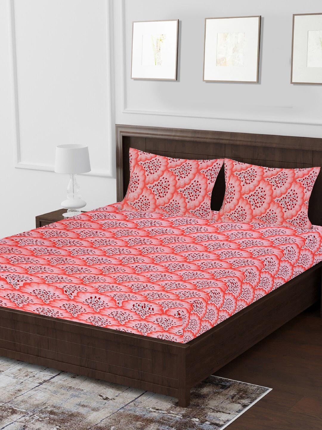 

Tistabene Peach-Coloured & Red Ethnic Motifs 180 TC Cotton 1 King Bedsheet with 2 Pillow Covers