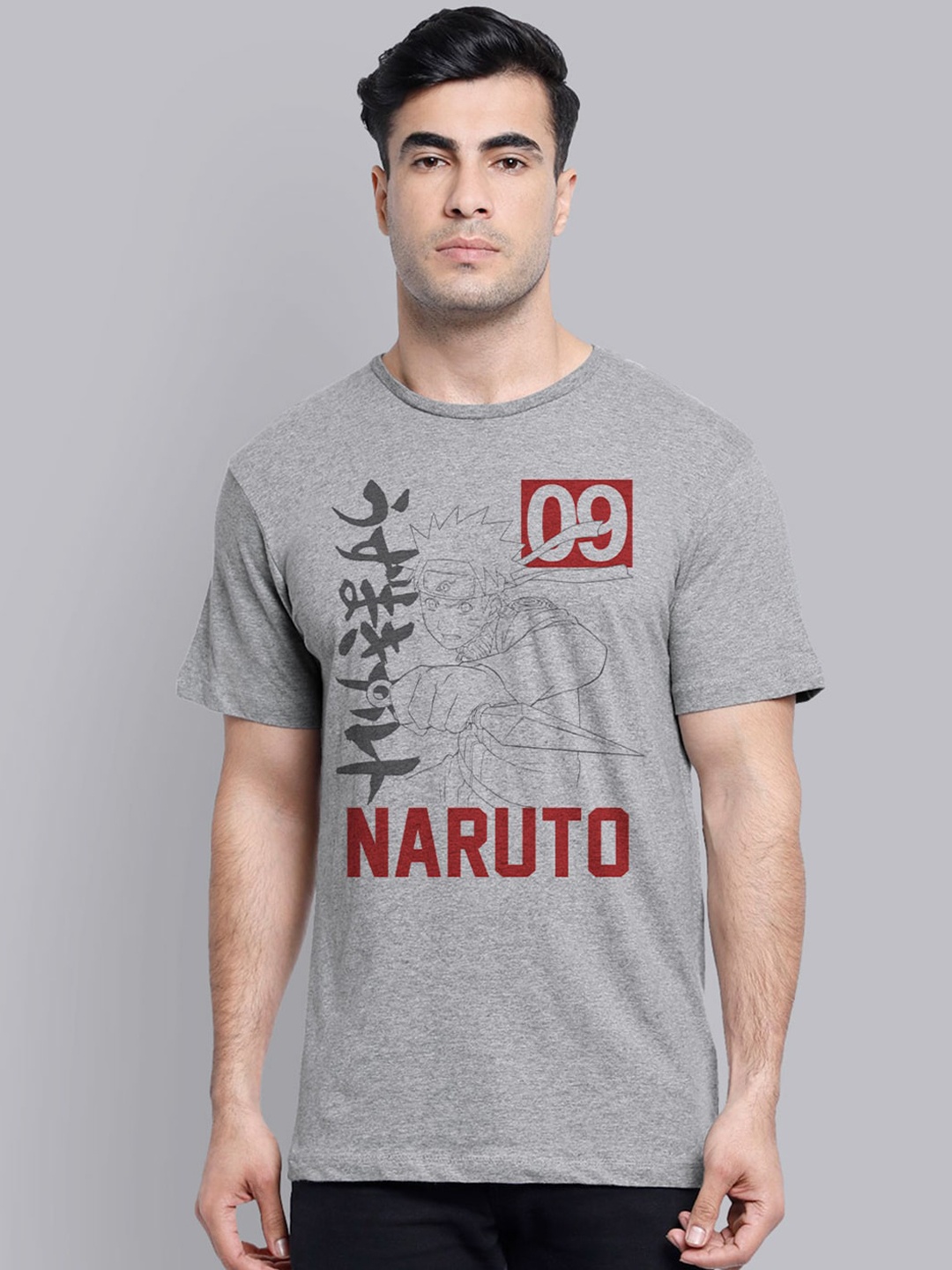 

Free Authority Men Grey Naruto Printed Round Neck T-shirt
