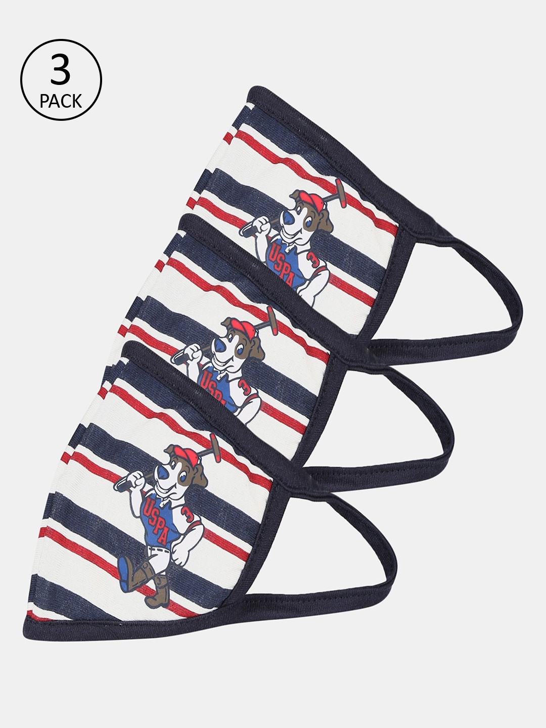 

U.S. Polo Assn. Kids Pack Of 3 Navy Blue & White Striped 3-Ply Anti-Viral Reusable Protective Outdoor Masks