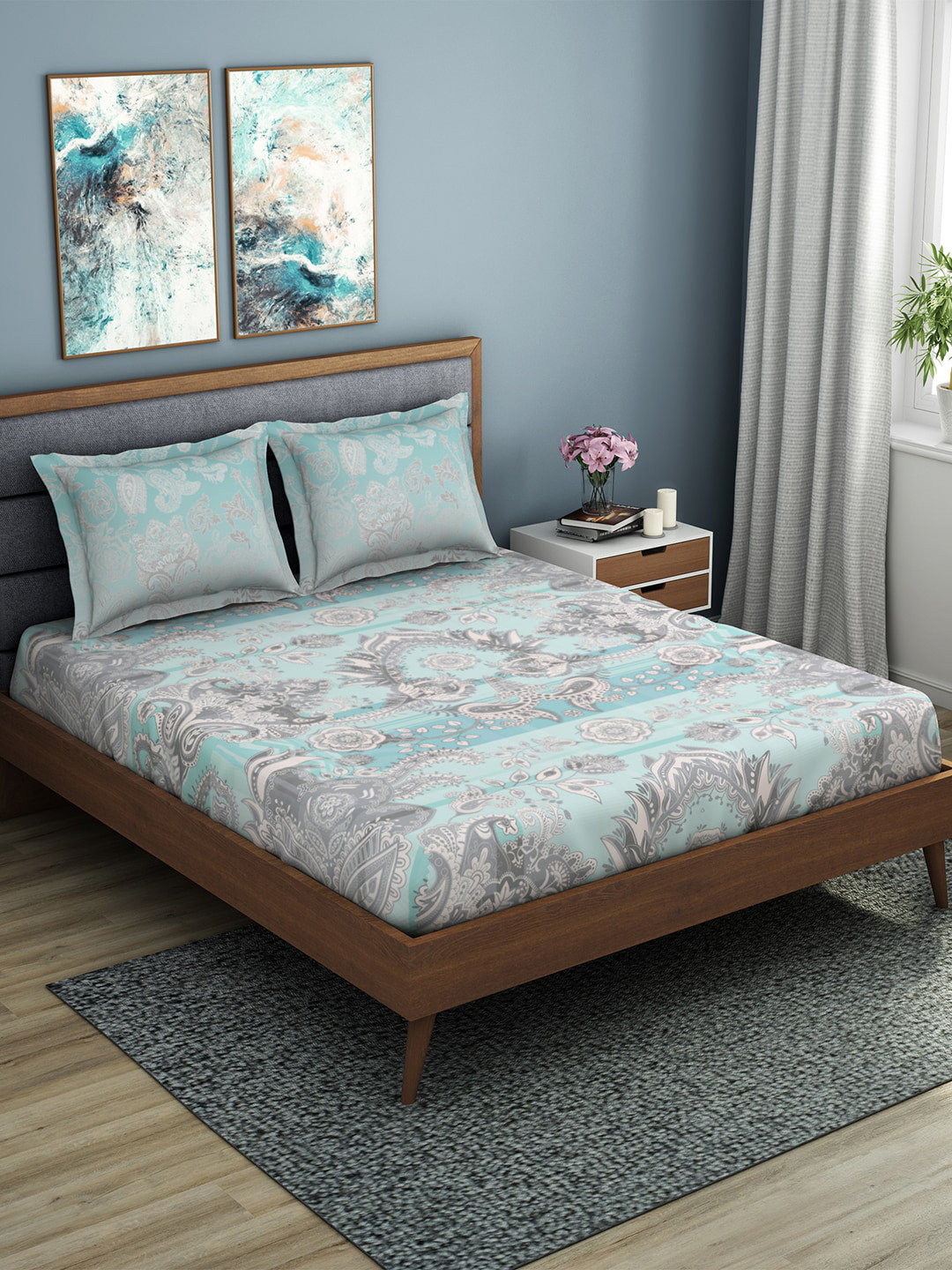 

SPACES Solesto Hygro Turquoise Blue & Grey Floral 210 TC Cotton 1 King Bedsheet with 2 Pillow Covers