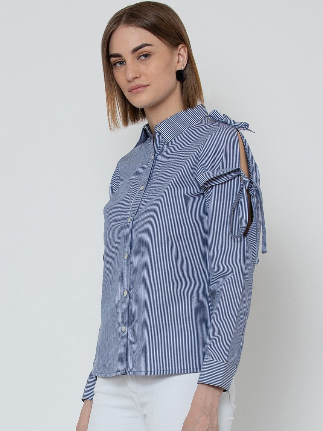 

DODO & MOA Women Navy Blue & Off-White Striped Casual Shirt