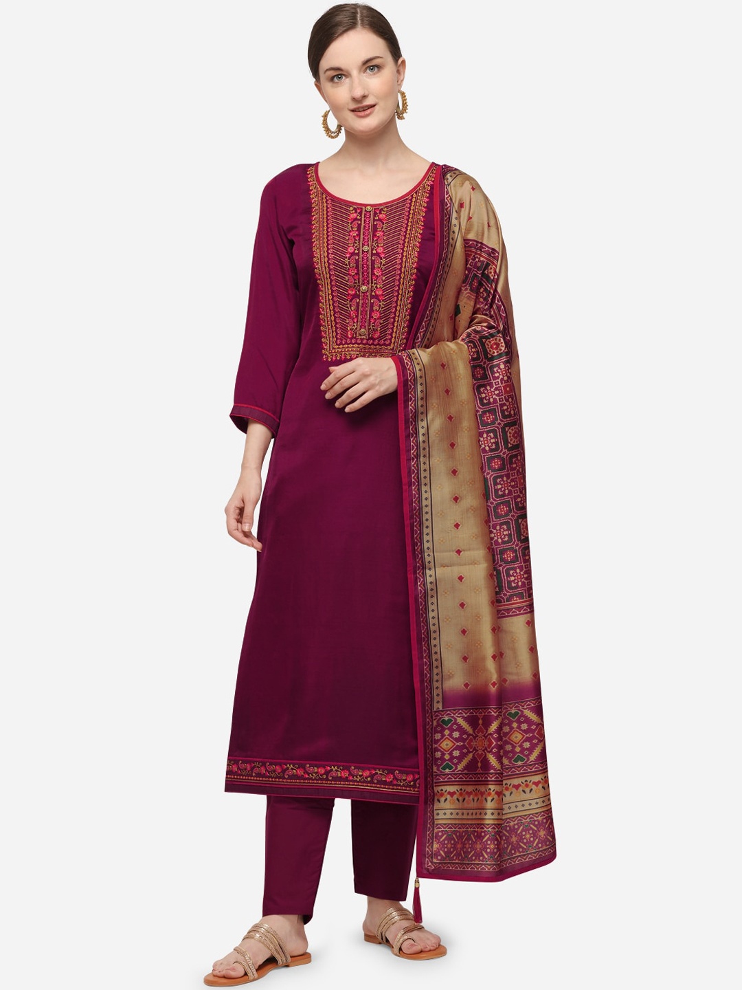 

SheWill Burgundy & Beige Silk Blend Unstitched Dress Material