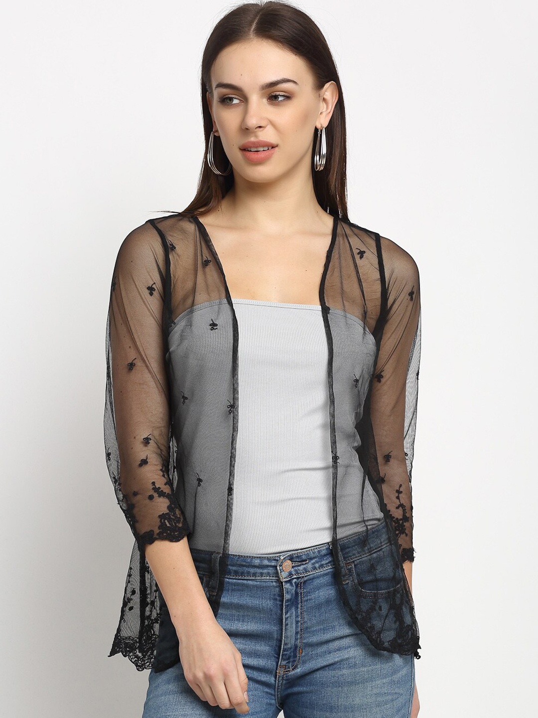 

Rute Women Black Self Design Open Front Shrug