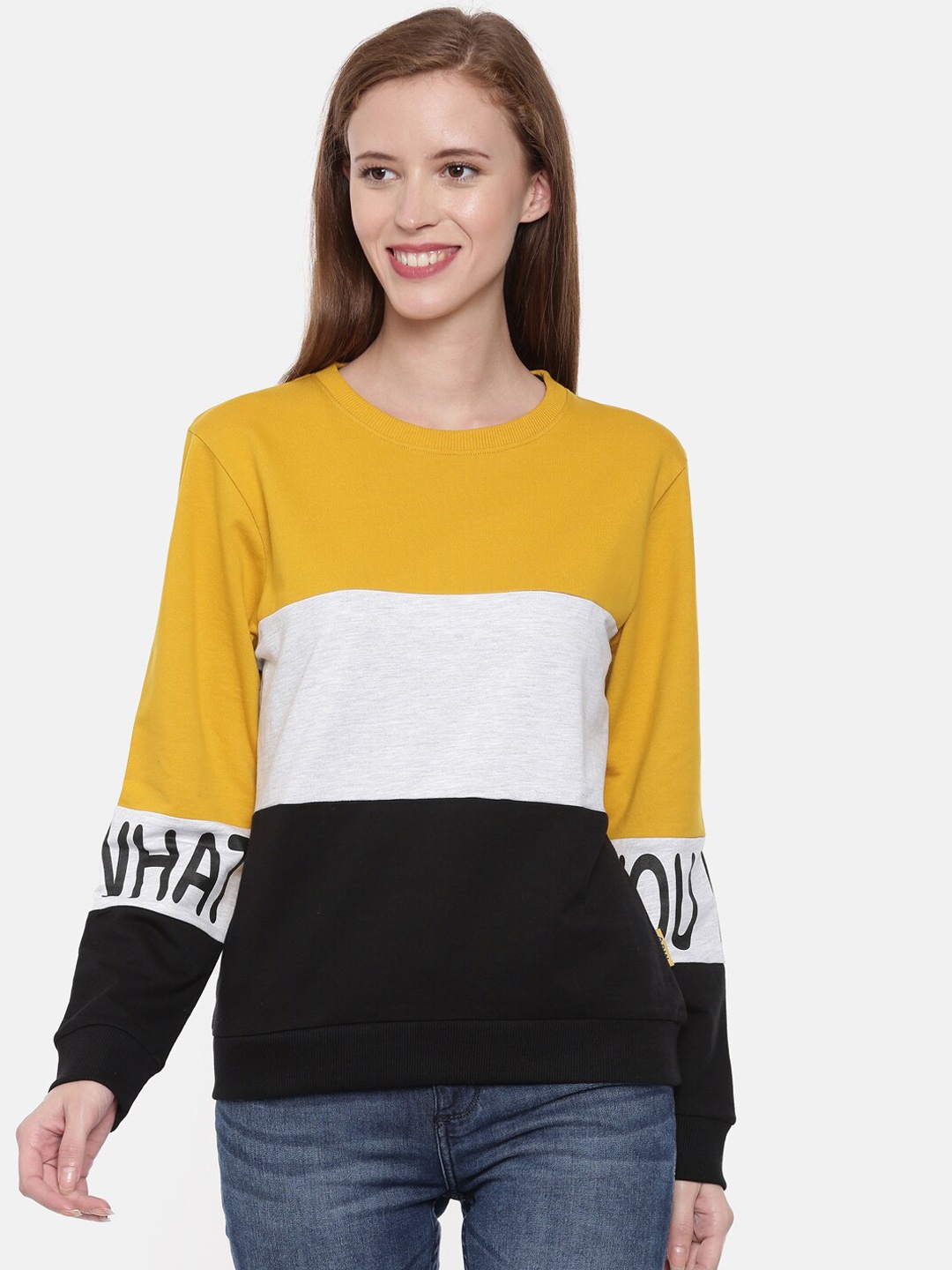 

3PIN Women Yellow & White Colourblocked Sweatshirt
