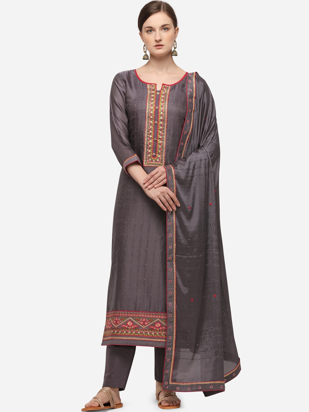 

SheWill Grey Satin Unstitched Dress Material