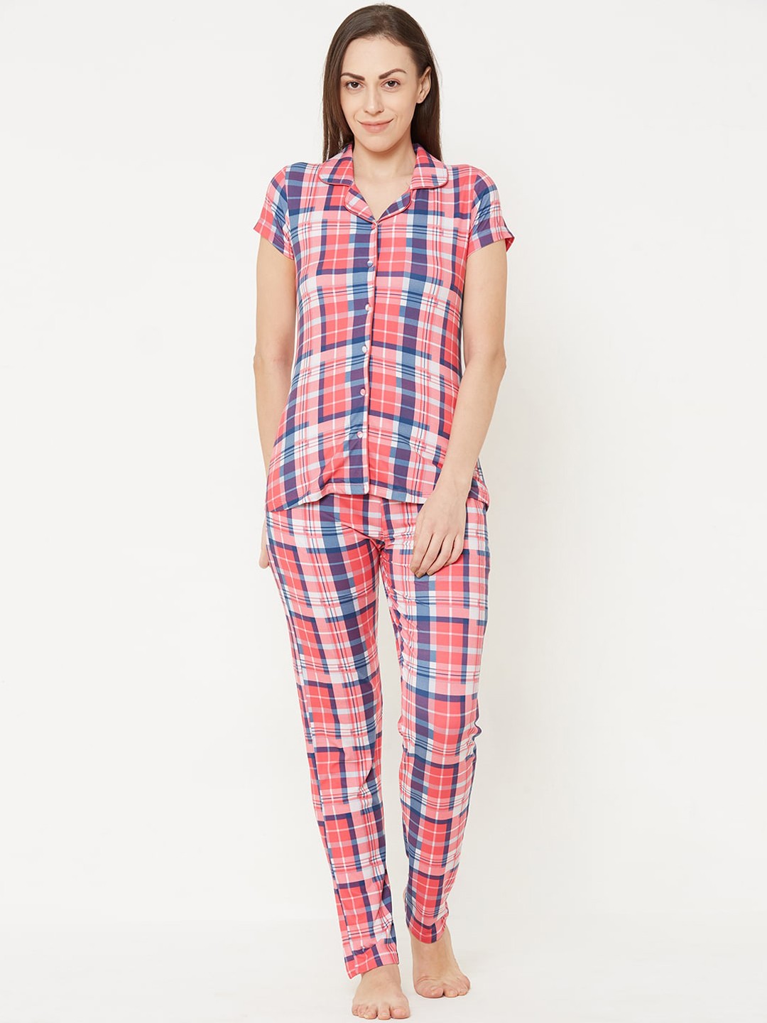 

Sweet Dreams Women Pink & Blue Checked Night suit