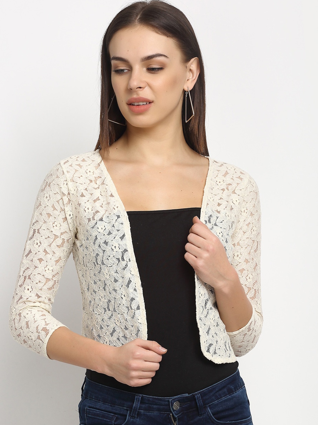 

Rute Women Beige Self Design Open Front Shrug