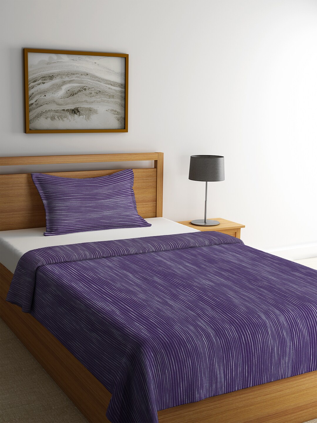KLOTTHE Violet & White Striped Single Bed Cover With 1 Pillow Cover