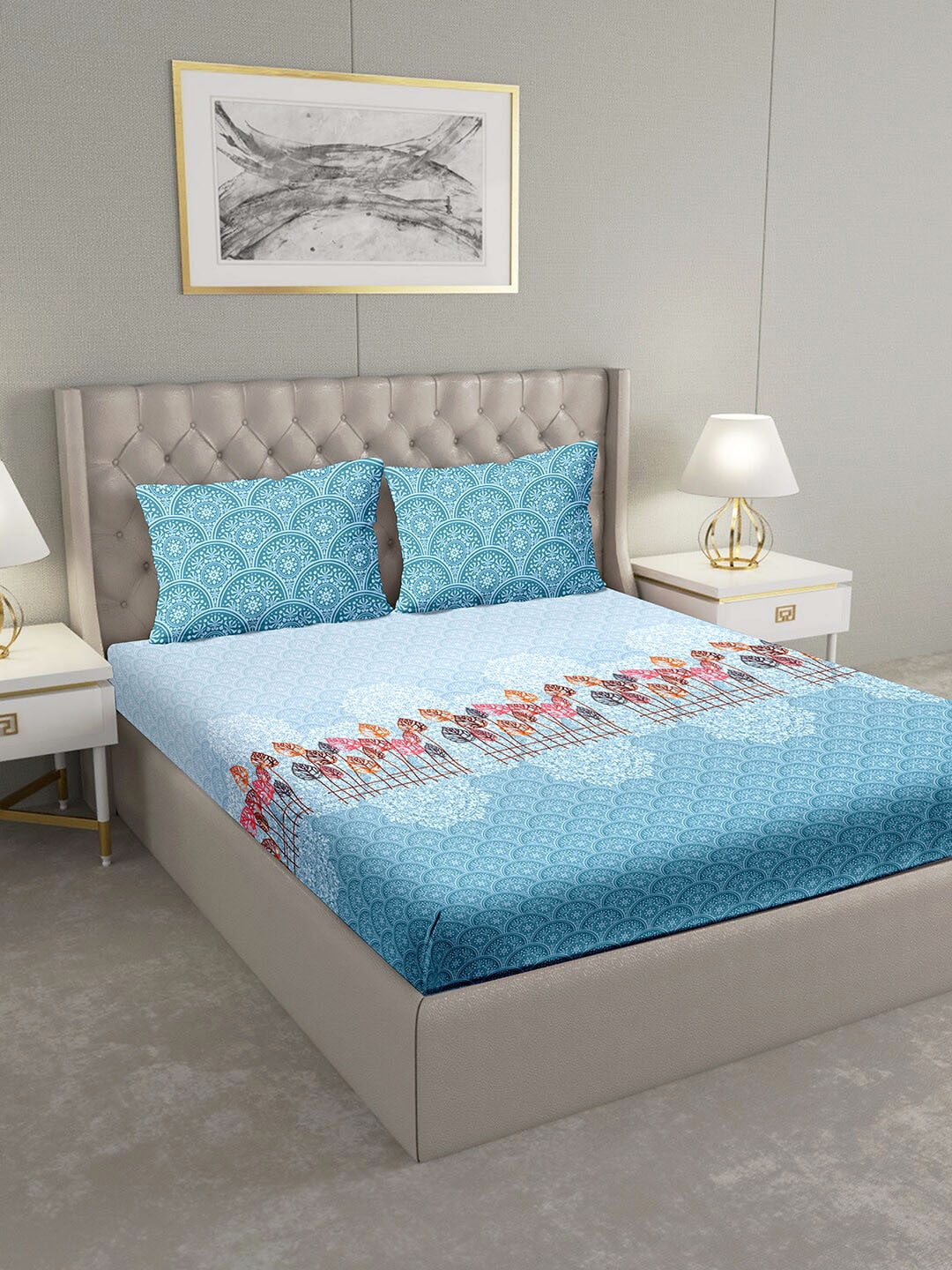 

BELLA CASA Blue & White Ethnic Motifs 124 TC Cotton 1 King Bedsheet with 2 Pillow Covers