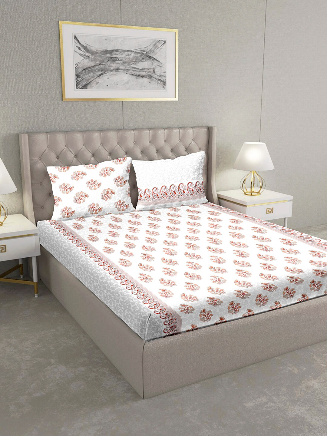 

BELLA CASA White & Brown Floral 124 TC Cotton 1 King Bedsheet with 2 Pillow Covers