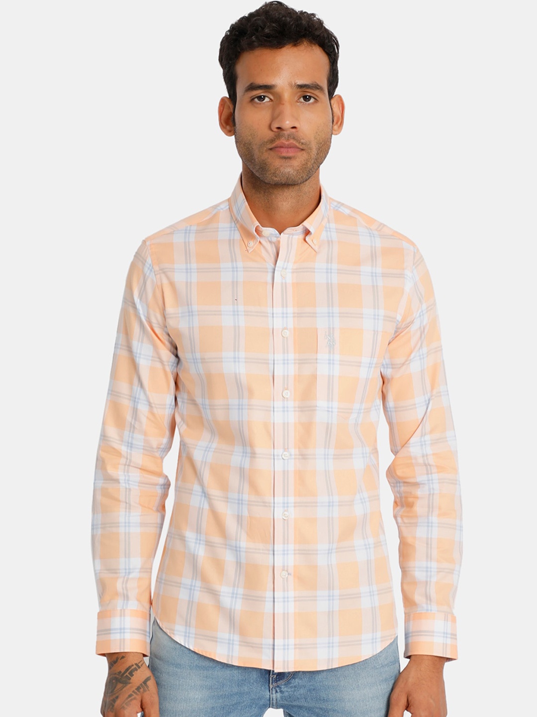 

U.S. Polo Assn. Men Orange Regular Fit Checked Casual Shirt