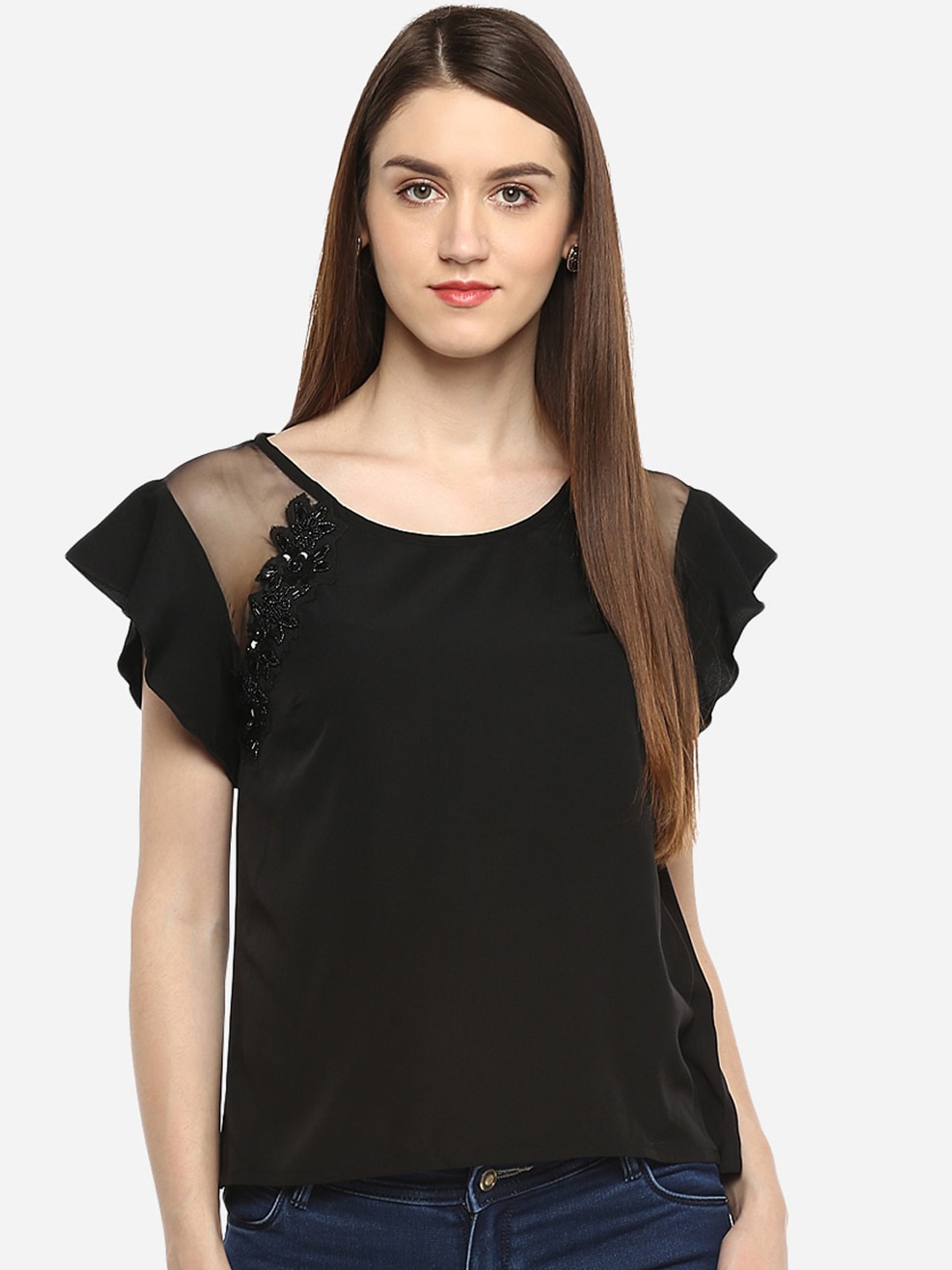 

Porsorte Black Embellished Flutter Sleeves Studded Regular Top