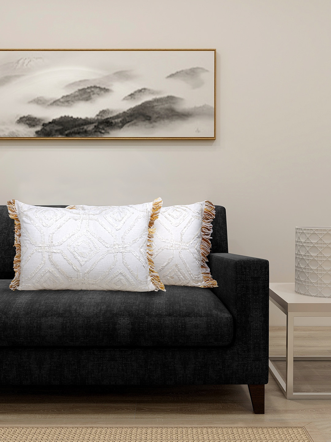 

DECOREALM Set Of 2 Cream-Coloured & White Applique Pillow Covers