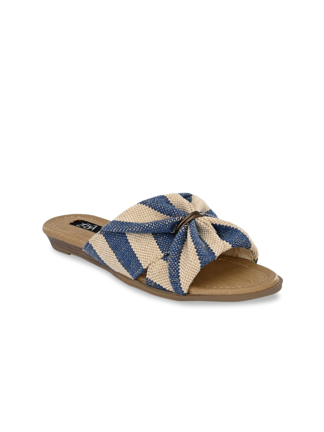 Zebba Women Blue Woven Design Canvas Open Toe Flats