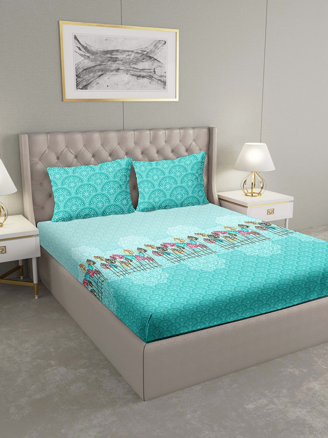 

BELLA CASA Sea Green & White Ethnic Motifs 124 TC Cotton 1 King Bedsheet with 2 Pillow Covers