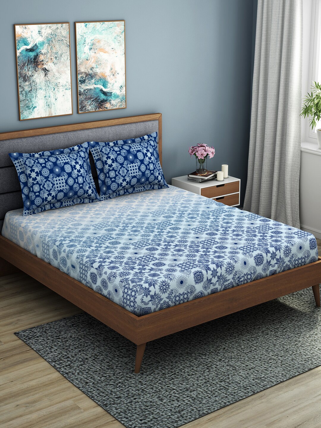 

SPACES Blue & White Ethnic Motifs 210 TC Cotton 1 King Bedsheet with 2 Pillow Covers