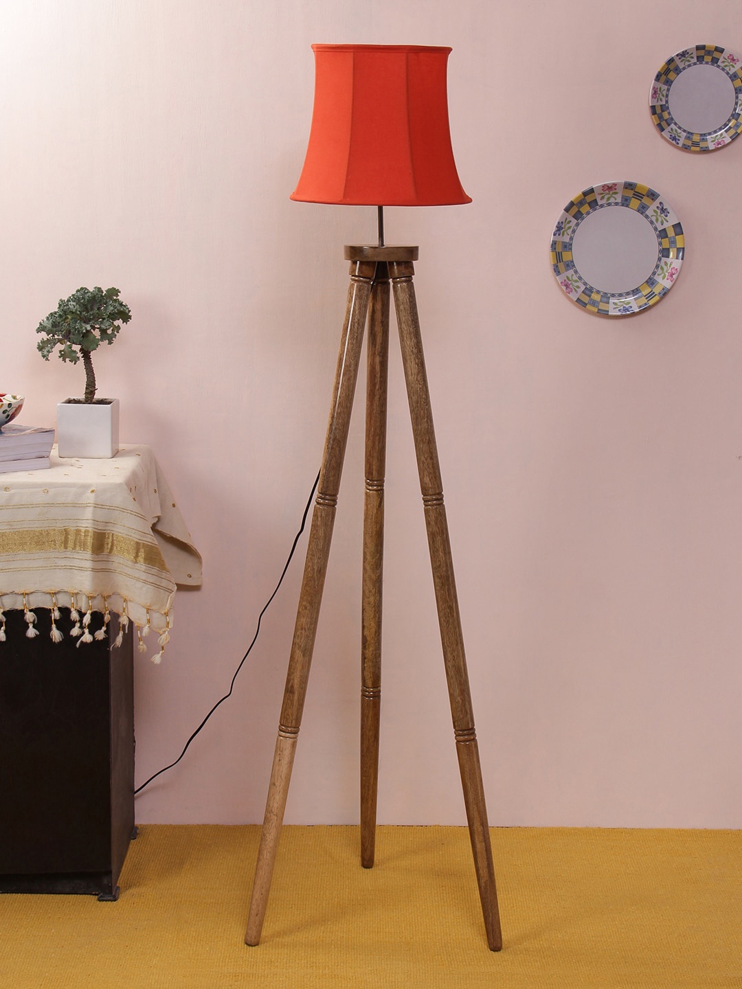 Devansh Orange & Brown Solid Traditional Wooden Tripod Lamp with Shade