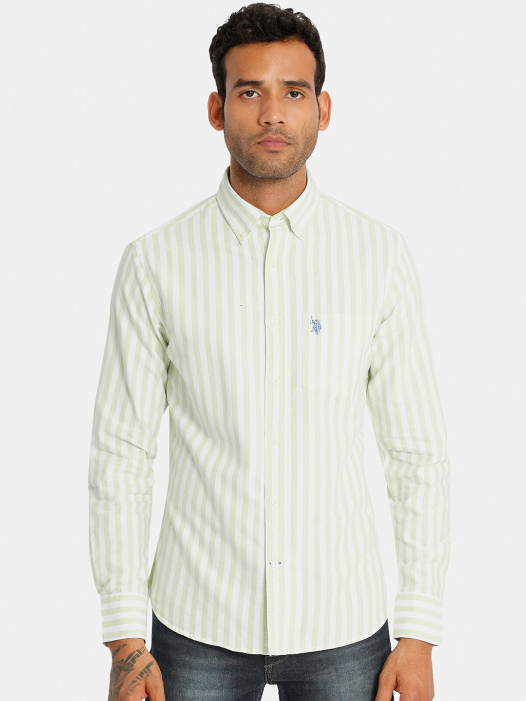 

U.S. Polo Assn. Men Green Regular Fit Striped Cotton Casual Shirt