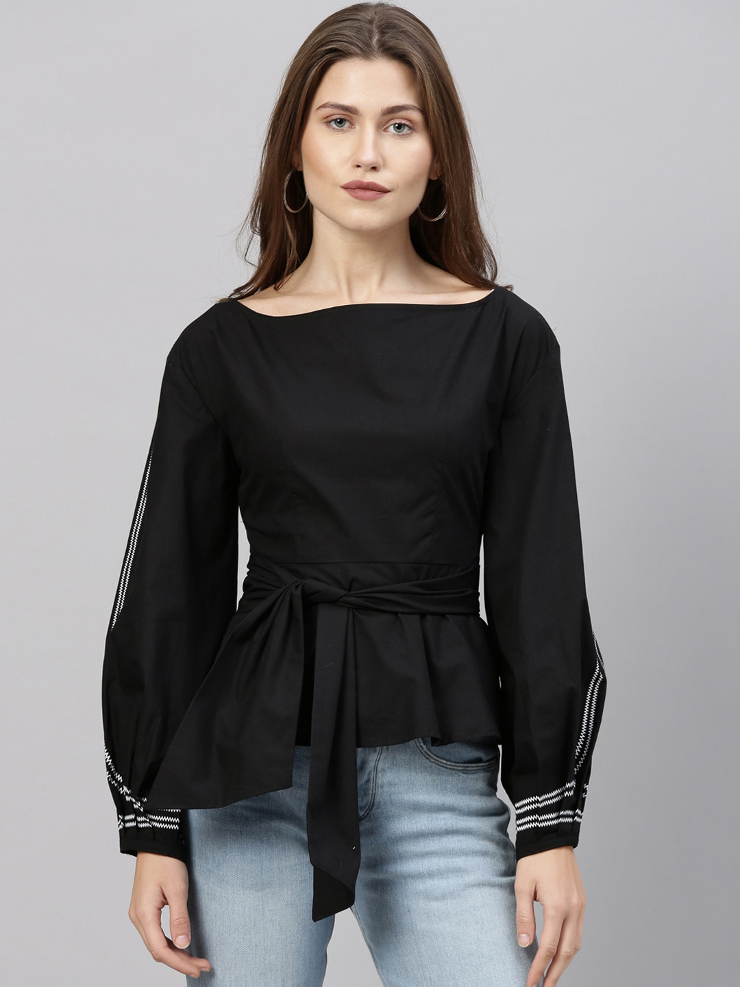 

Rareism Black Pure Cotton Boat Neck Cuffed Sleeves Peplum Top