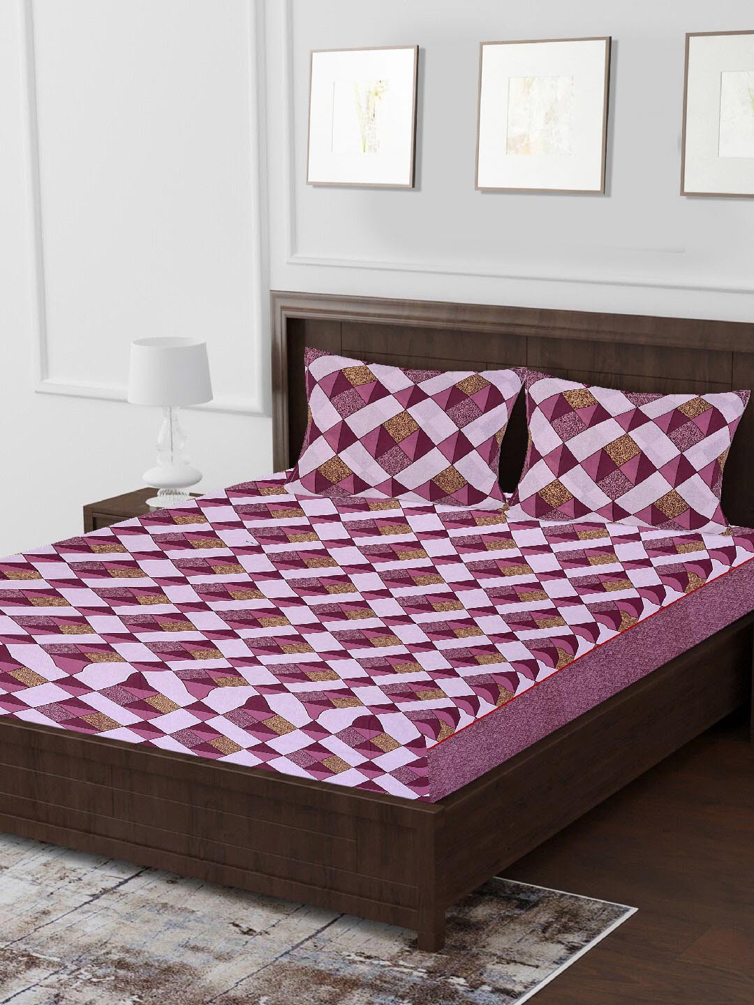 

Tistabene Pink & Beige Geometric 180 TC Cotton 1 King Bedsheet with 2 Pillow Covers
