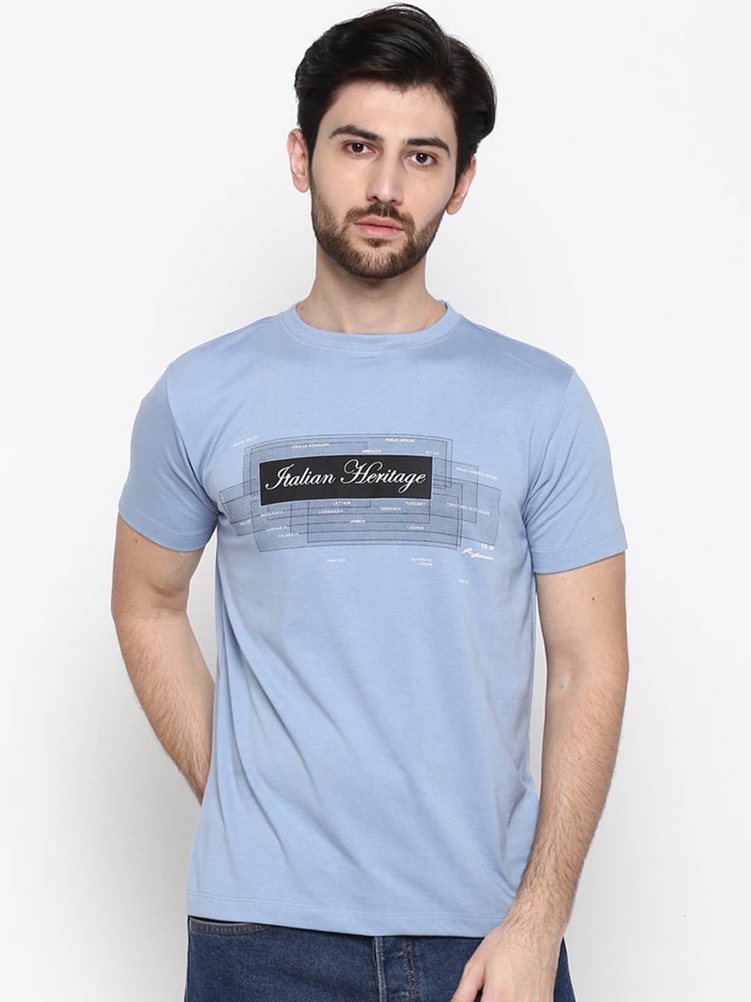 Cantabil Men Blue Printed Round Neck T-shirt