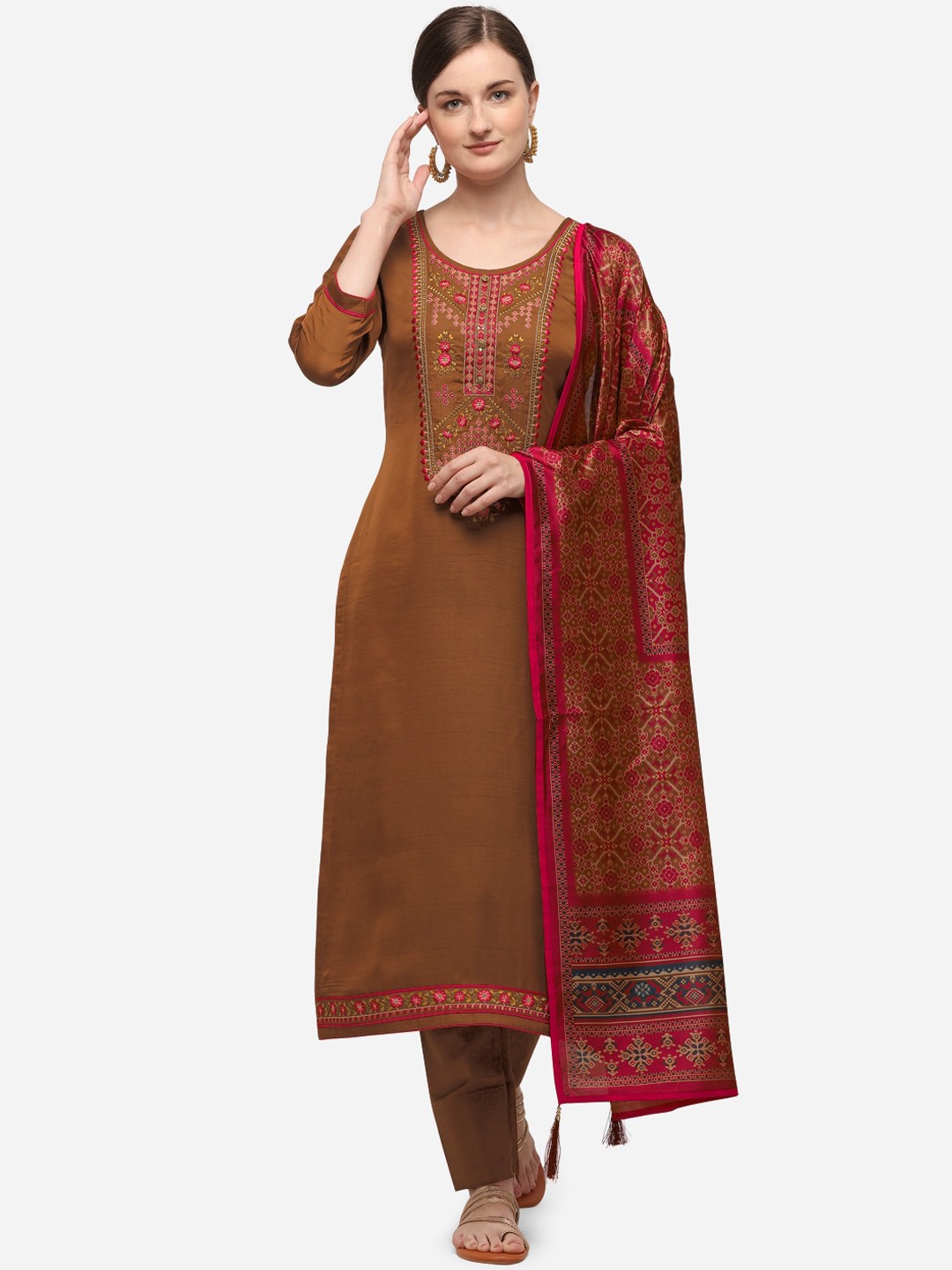 

SheWill Brown & Pink Silk Blend Unstitched Dress Material