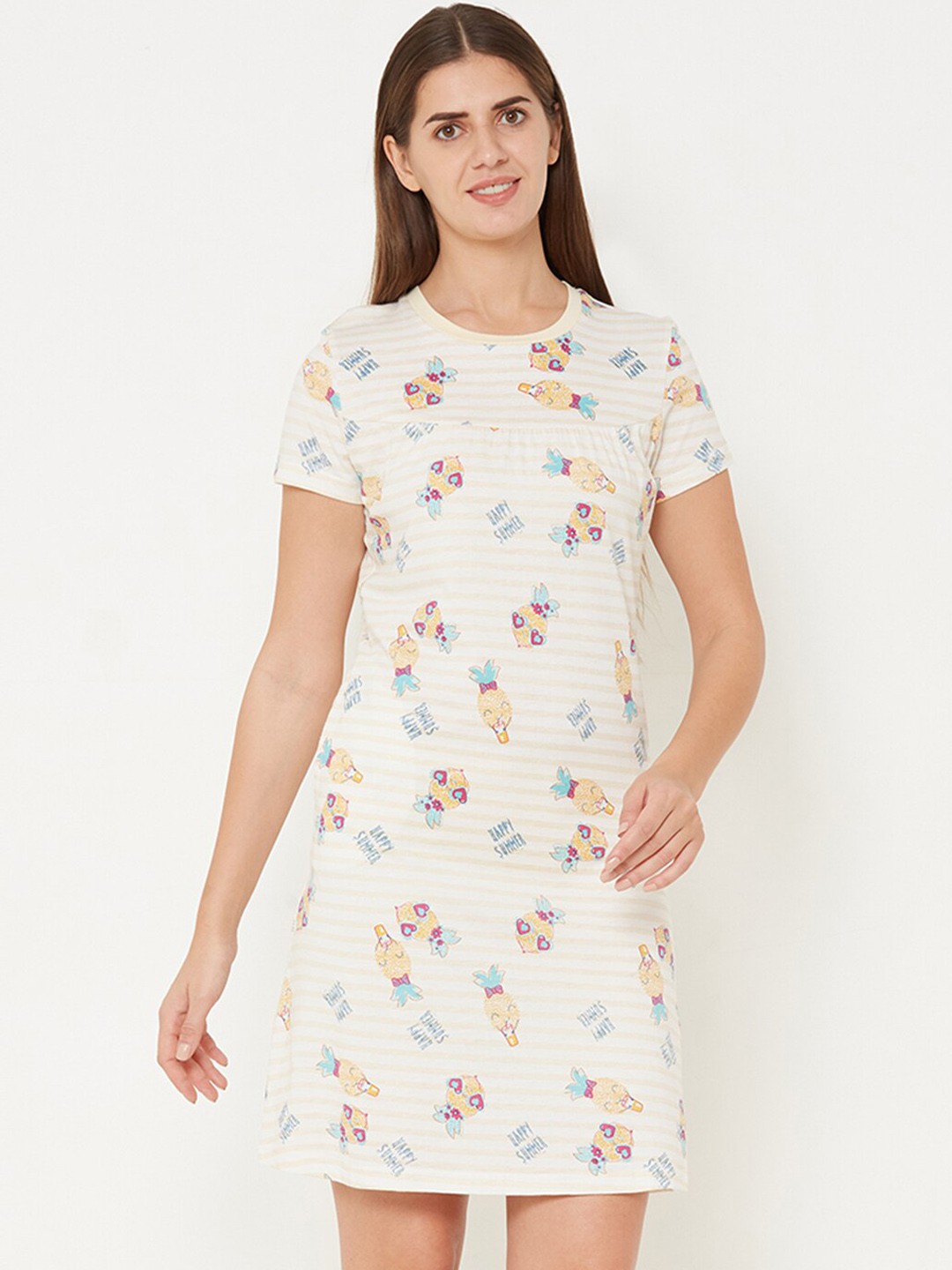 

Sweet Dreams Cream-Coloured & Beige Printed Nightdress