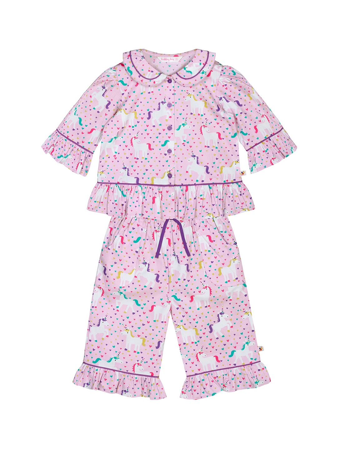

Budding Bees Girls Pink & Purple Printed Night suit