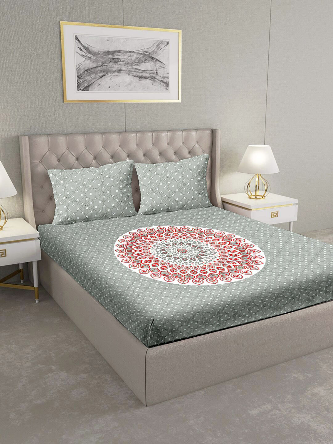 

BELLA CASA Grey Ethnic Motifs 124 TC Cotton 1 King Bedsheet with 2 Pillow Covers
