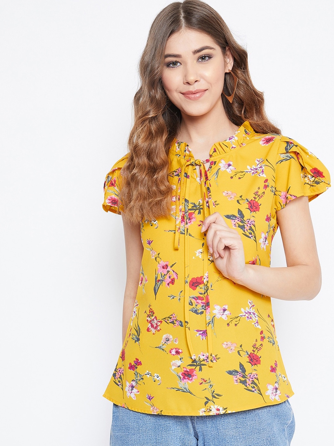 

Berrylush Yellow Floral Printed Tie-up Neck Puff Sleeves Crepe Regular Top