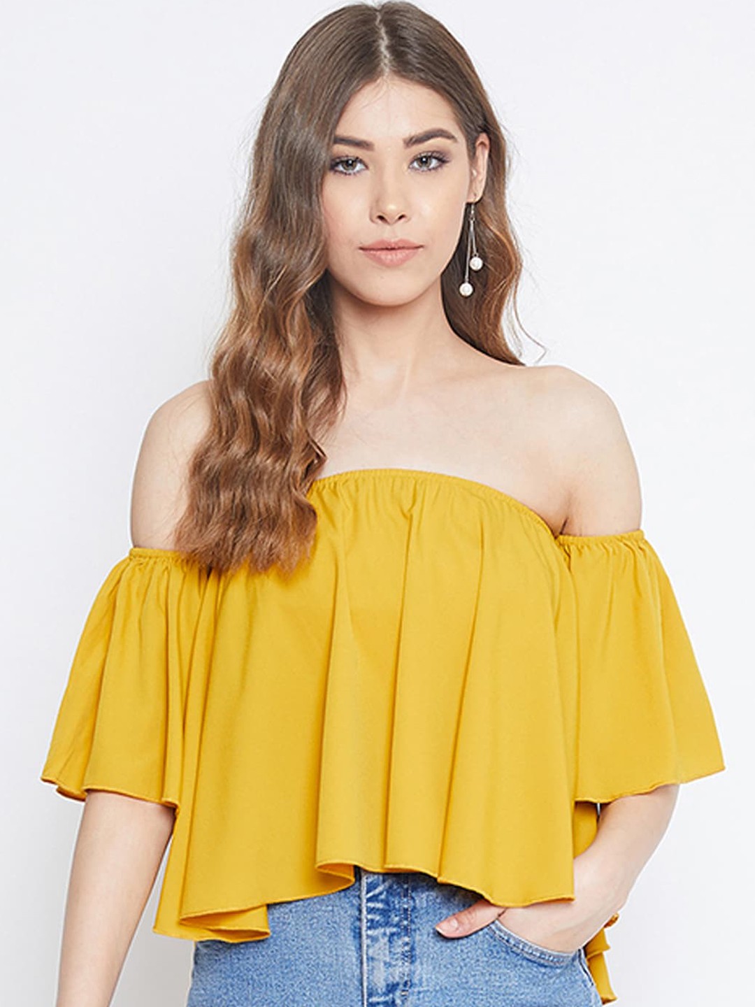 

Berrylush Yellow Off-shoulder Crepe Bardot Crop Top
