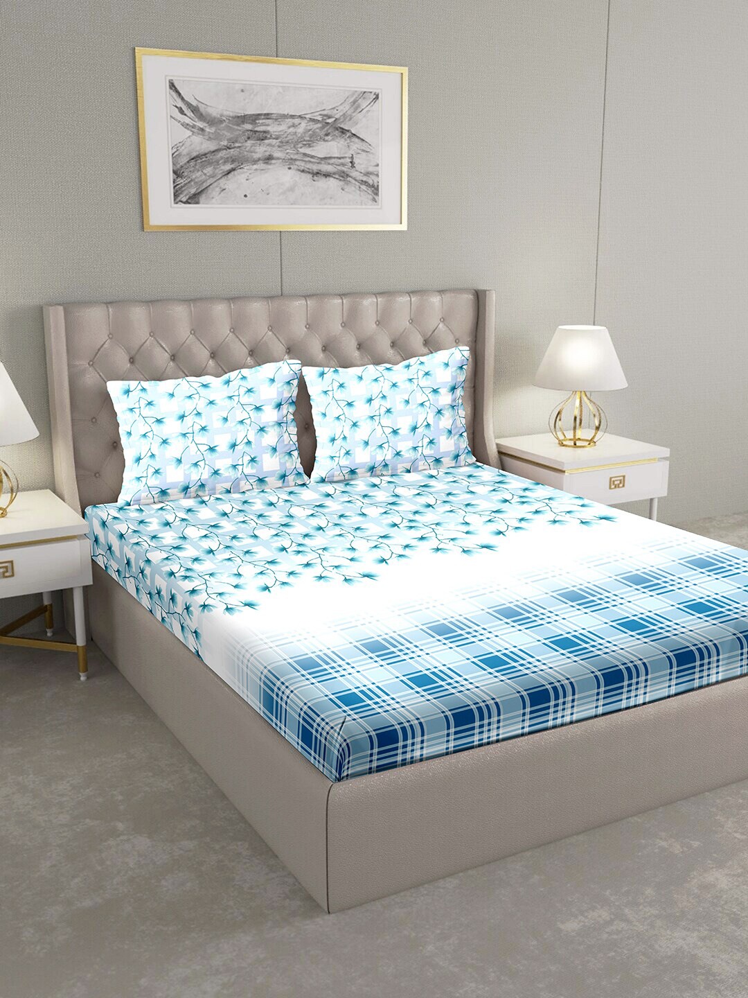 

BELLA CASA Blue & White Floral 124 TC Cotton 1 Extra Large Bedsheet with 2 Pillow Covers
