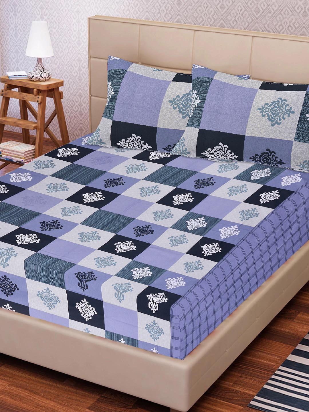 

Tistabene Purple & Navy Blue Ethnic Motifs 180 TC Cotton 1 King Bedsheet with 2 Pillow Covers