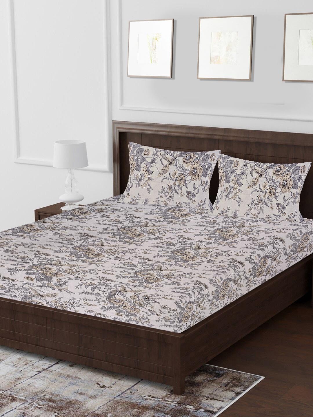 

Tistabene Beige & Grey Floral 180 TC Cotton 1 King Bedsheet with 2 Pillow Covers