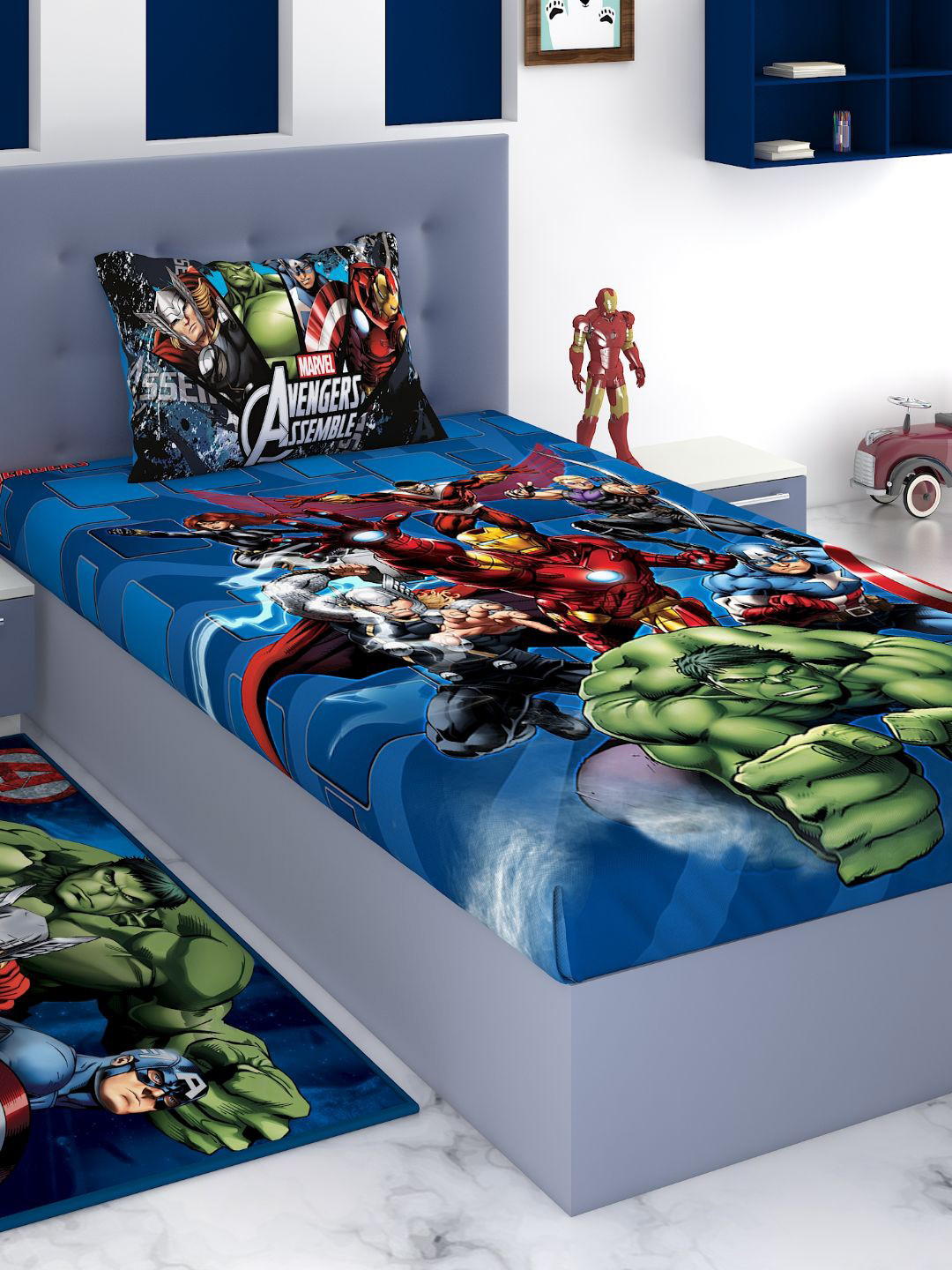 

Marvel Blue & Green Cartoon Characters 180 TC Cotton 1 Single Bedsheet with 1 Pillow Covers