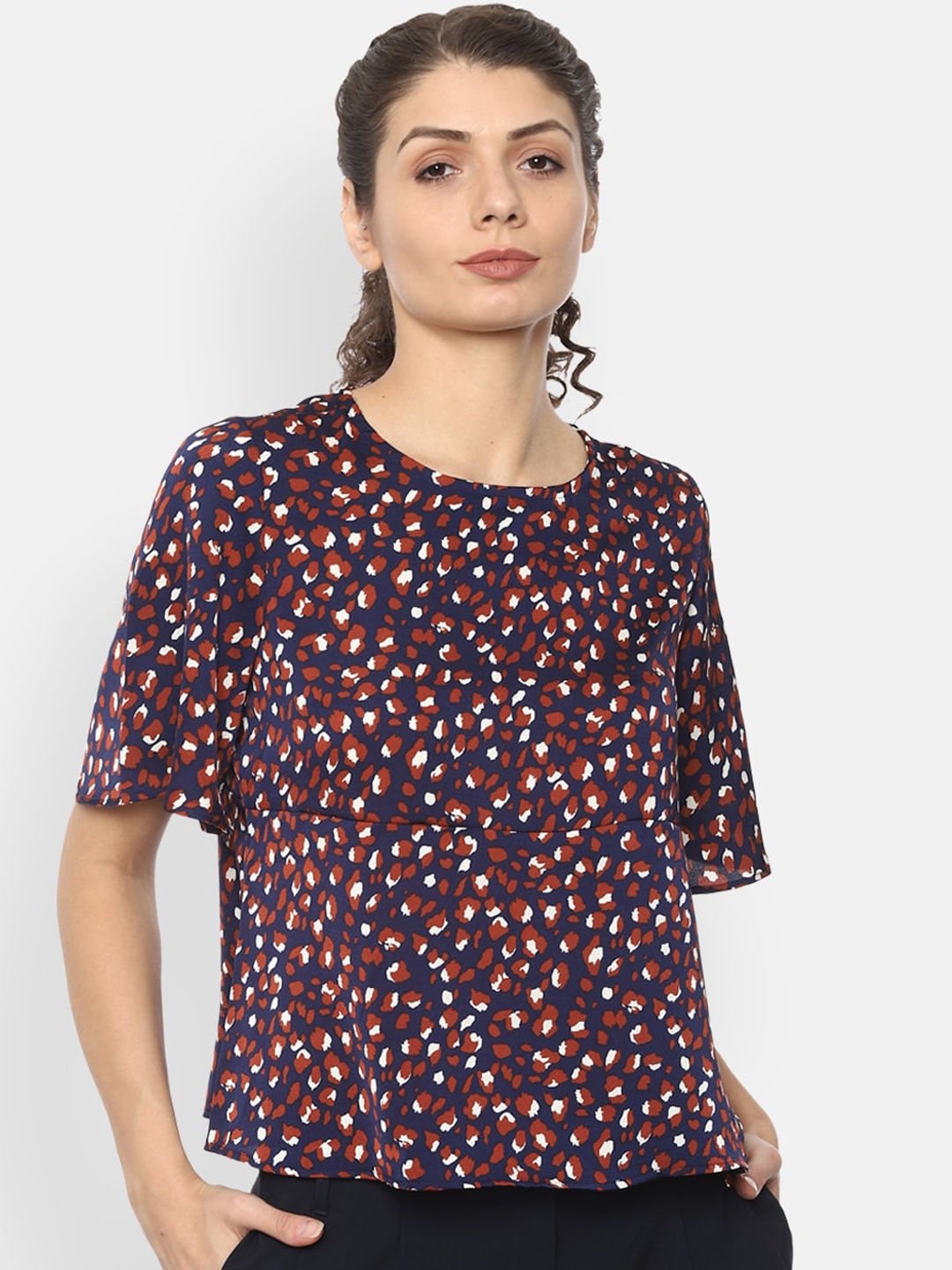 

Van Heusen Woman Navy Blue & Red Printed Flared Sleeves Regular Top