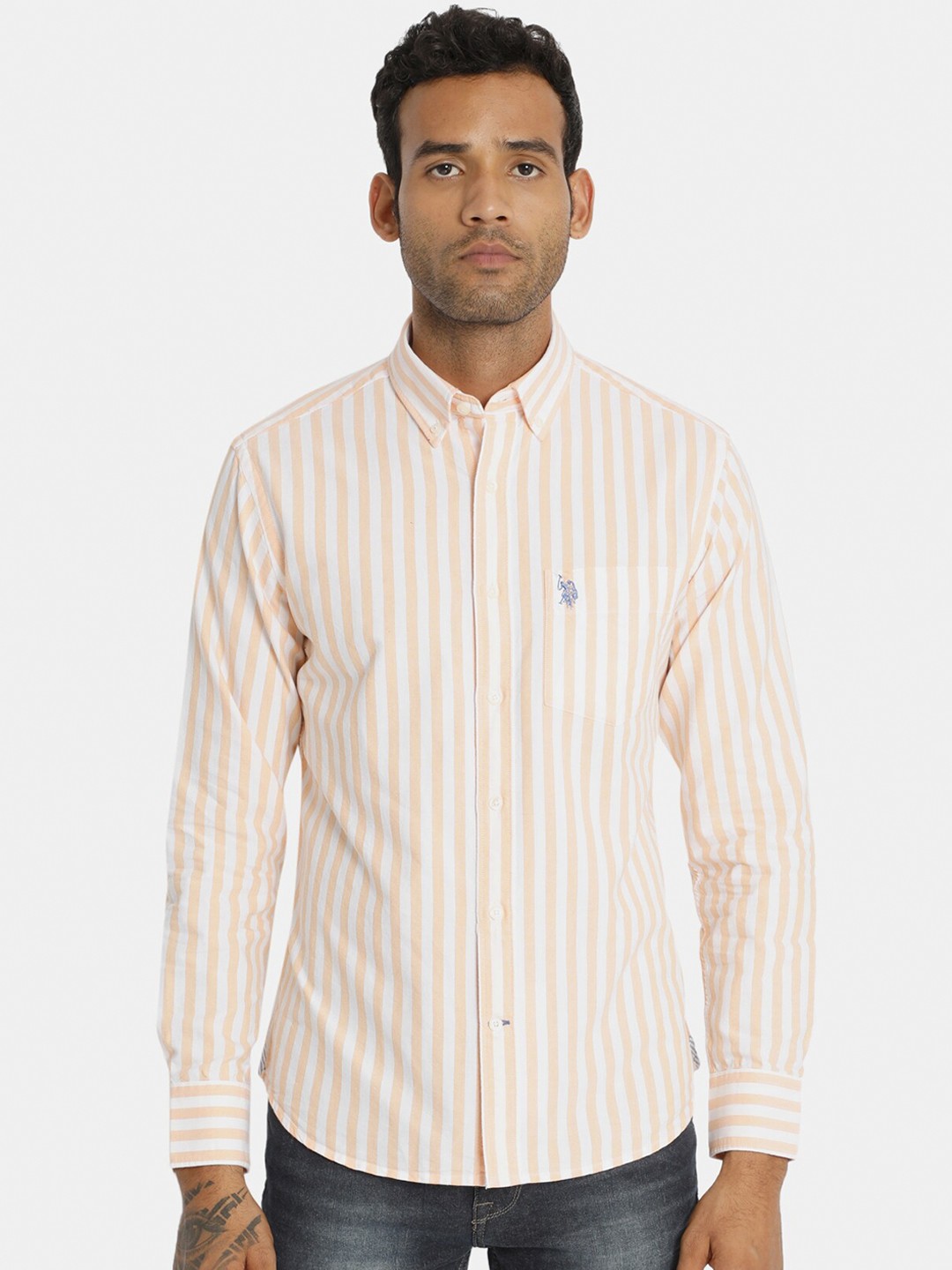 

U.S. Polo Assn. Men Orange & White Regular Fit Striped Cotton Casual Shirt