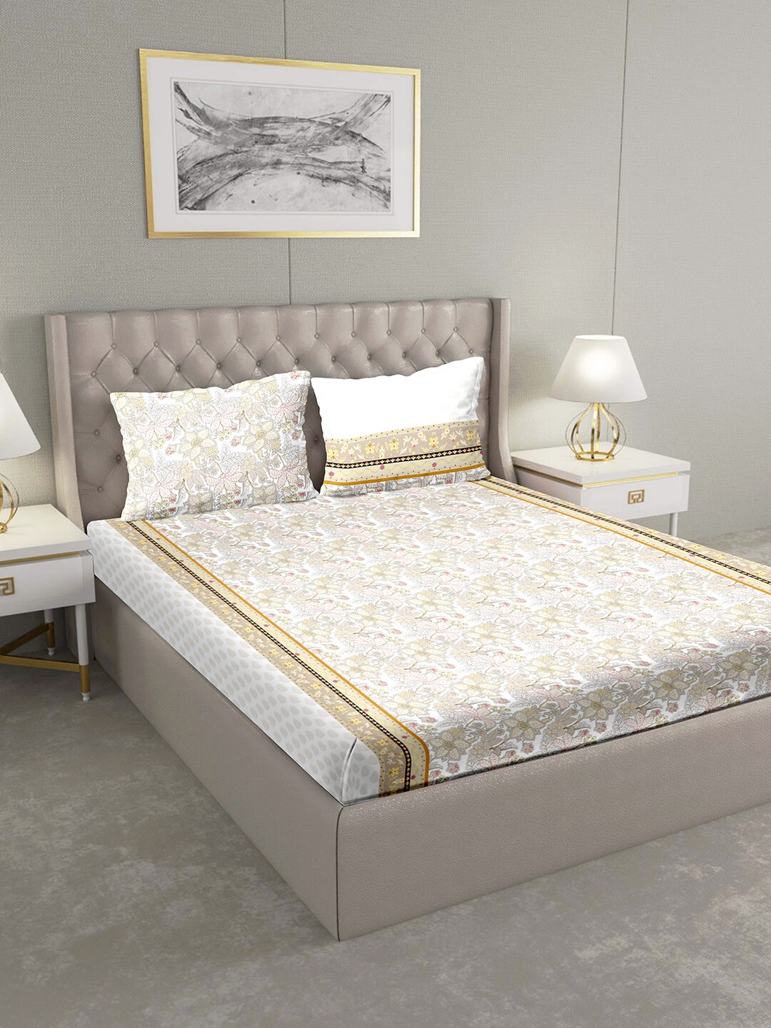 

BELLA CASA White & Grey Ethnic Motifs 124 TC Cotton 1 King Bedsheet with 2 Pillow Covers