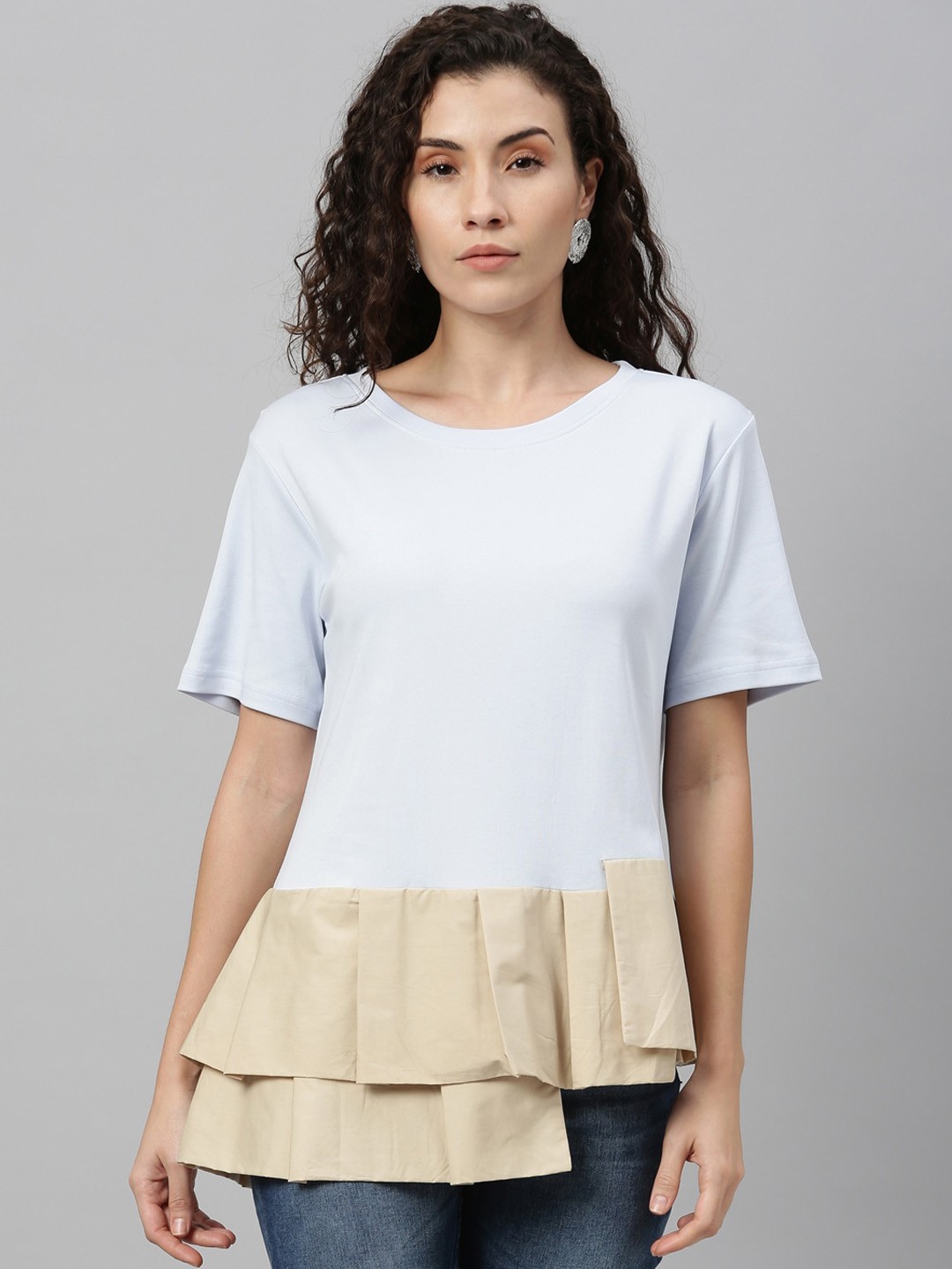 

Rareism Blue & Beige Colourblocked Pure Cotton A-line Top
