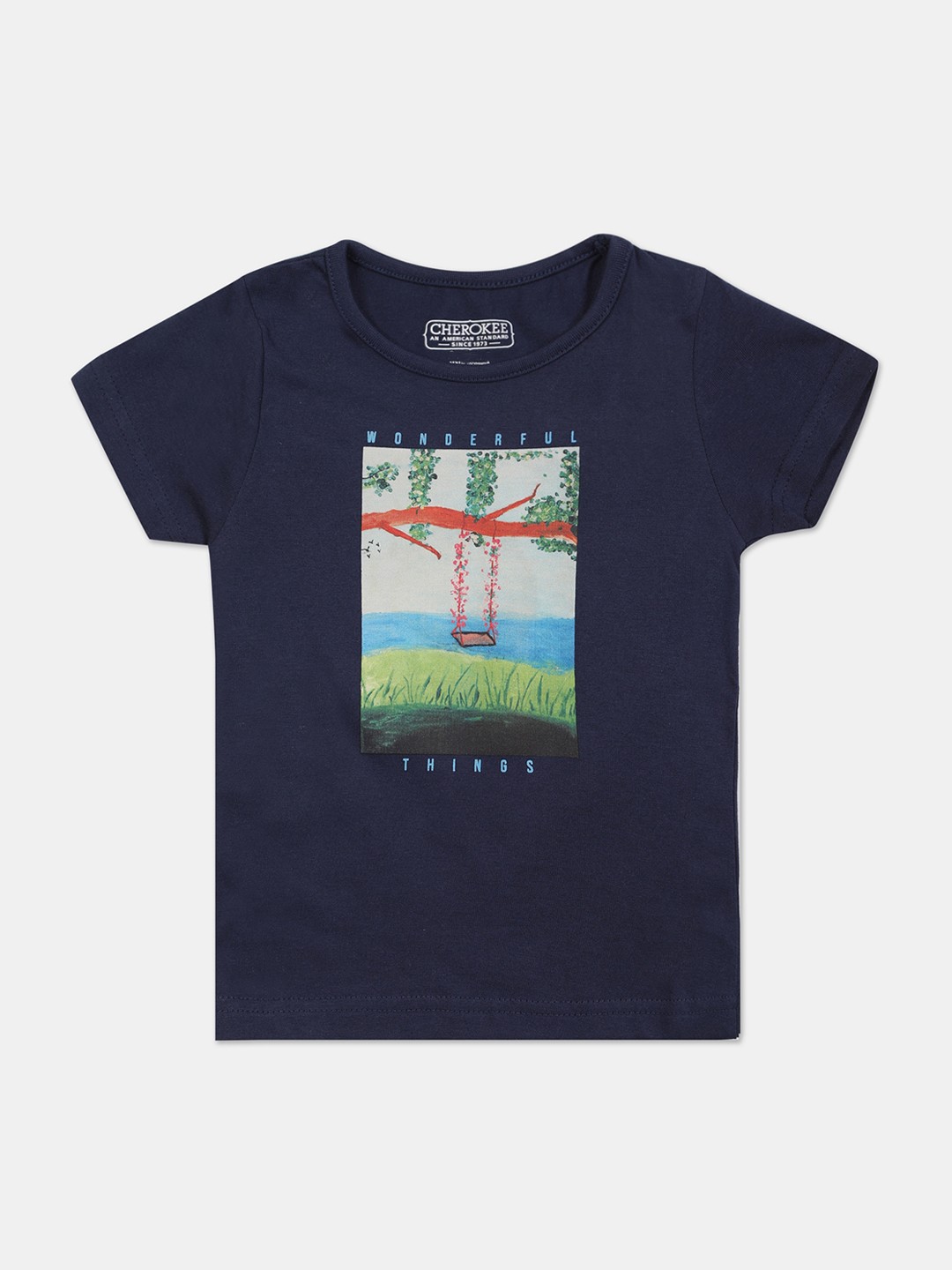 

Cherokee Girls Navy Blue Printed Round Neck T-shirt