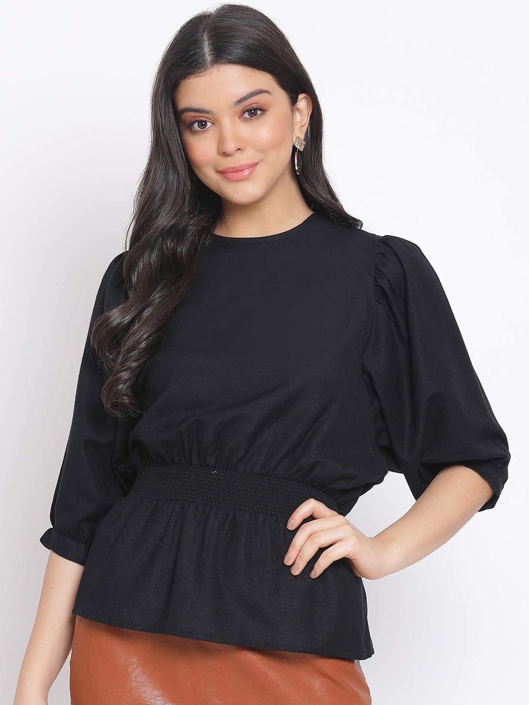 Oxolloxo Black Puff Sleeves Cinched Waist Top