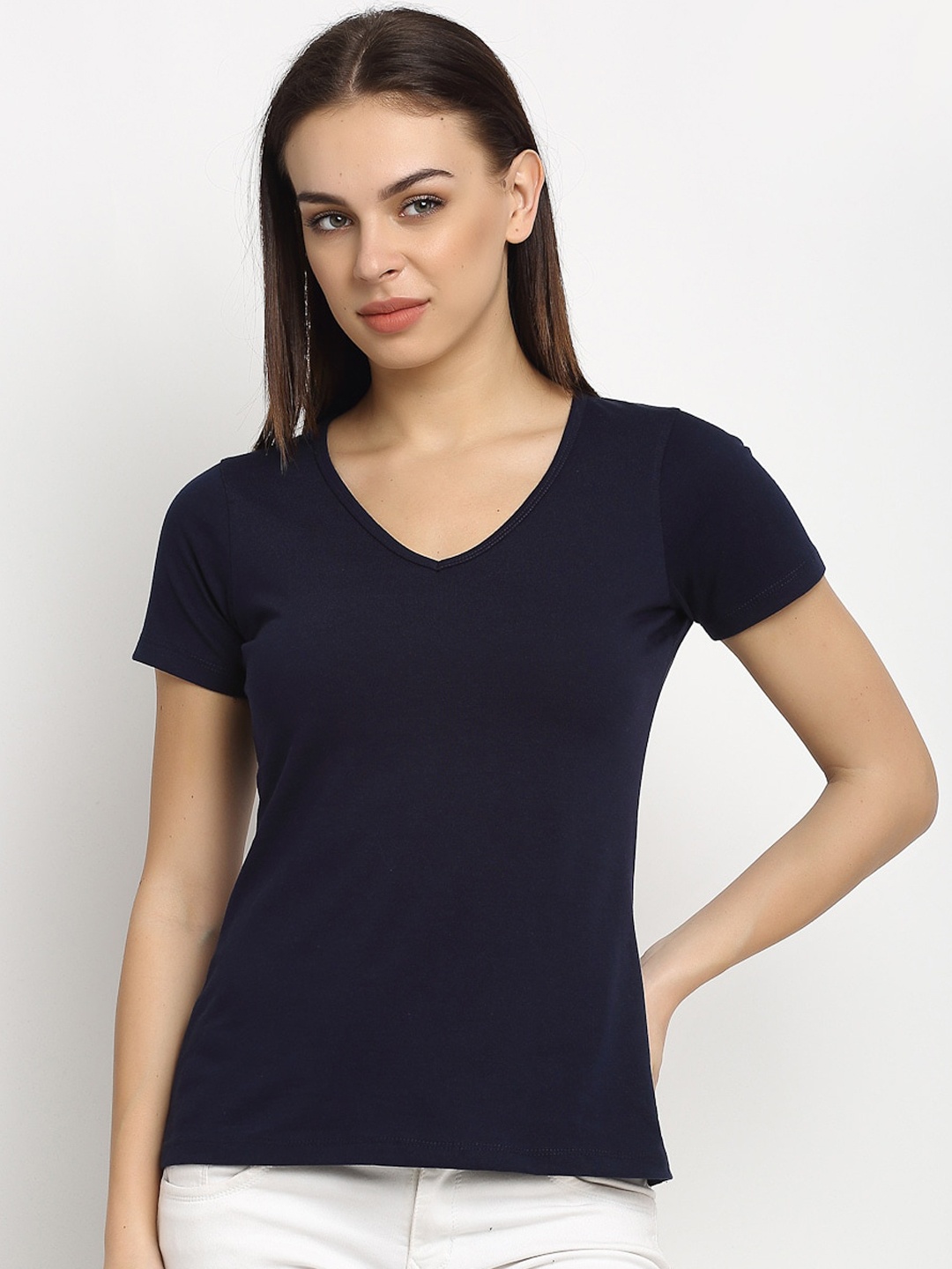 

Rute Women Navy Blue Solid V-Neck T-shirt