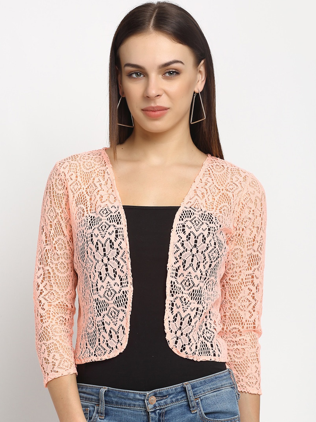 

Rute Women Peach-Coloured Self Design Open Front Shrug