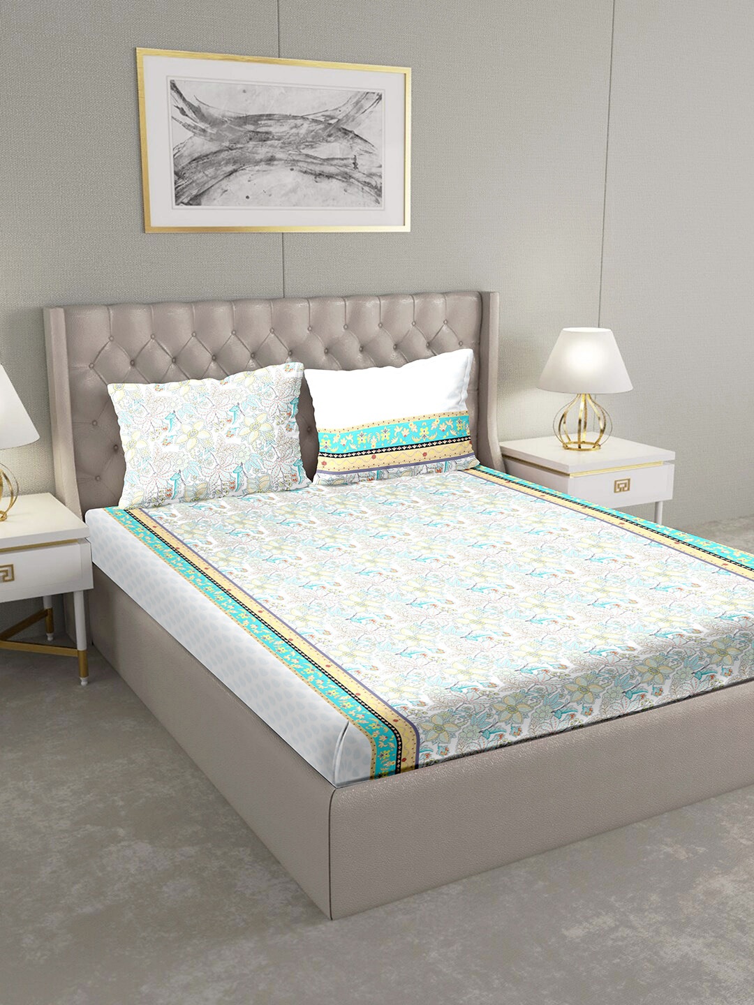 

BELLA CASA White & Grey Floral 124 TC Cotton 1 King Bedsheet with 2 Pillow Covers