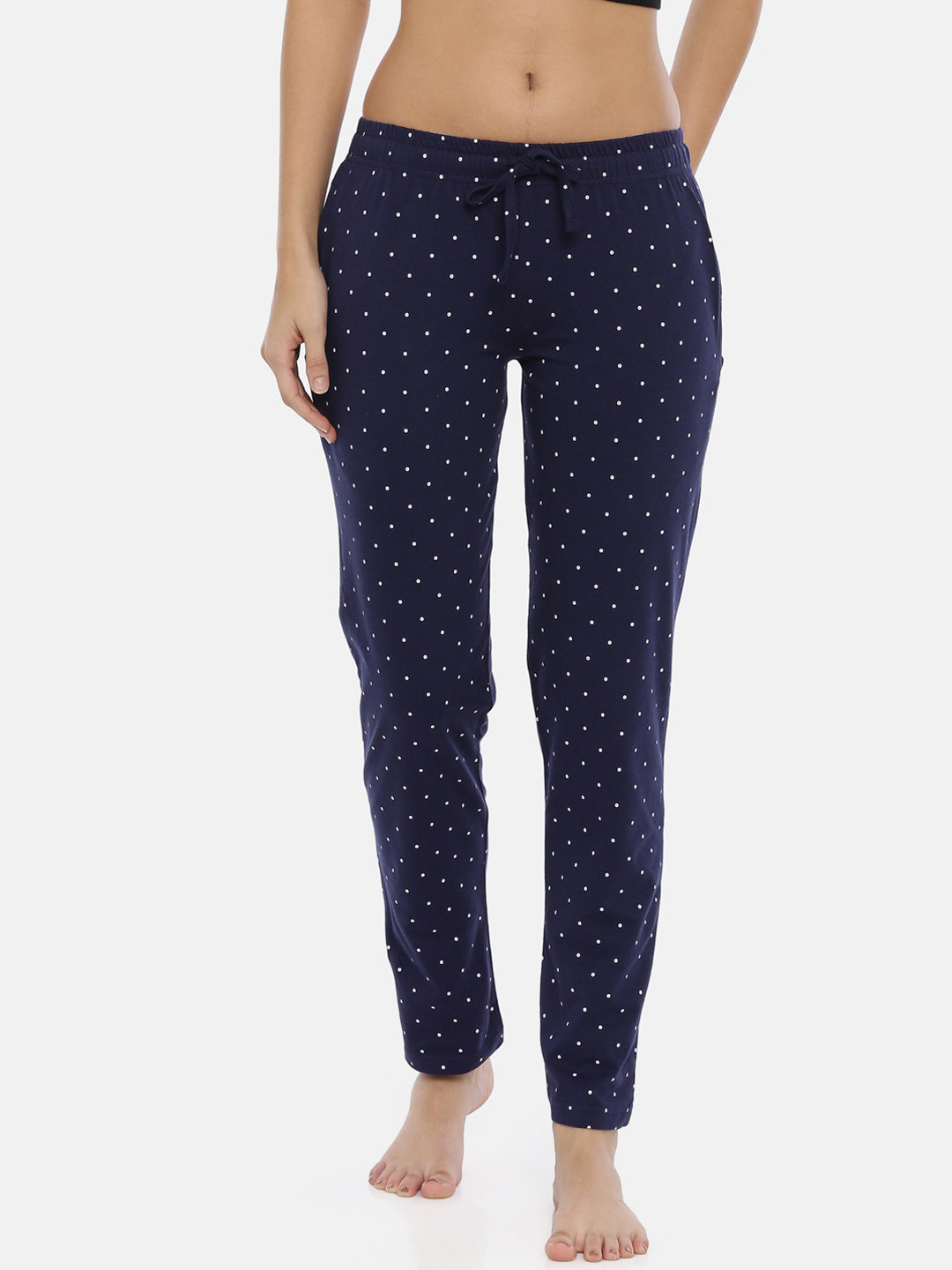 

3PIN Women Pink & White Polka Dot Printed Pure Cotton Lounge Pants, Navy blue