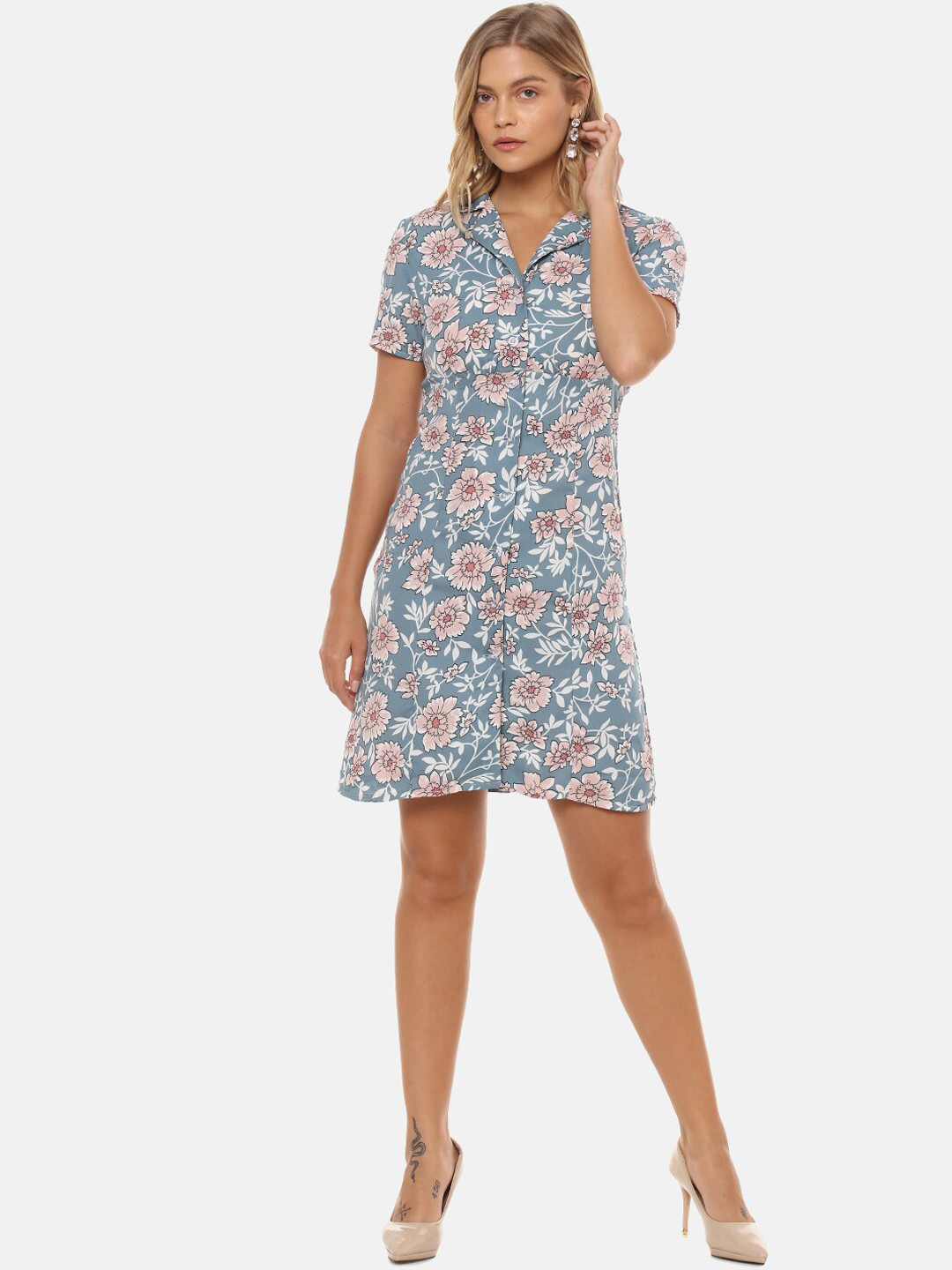 

Campus Sutra Women Blue Floral Printed A-Line Dress