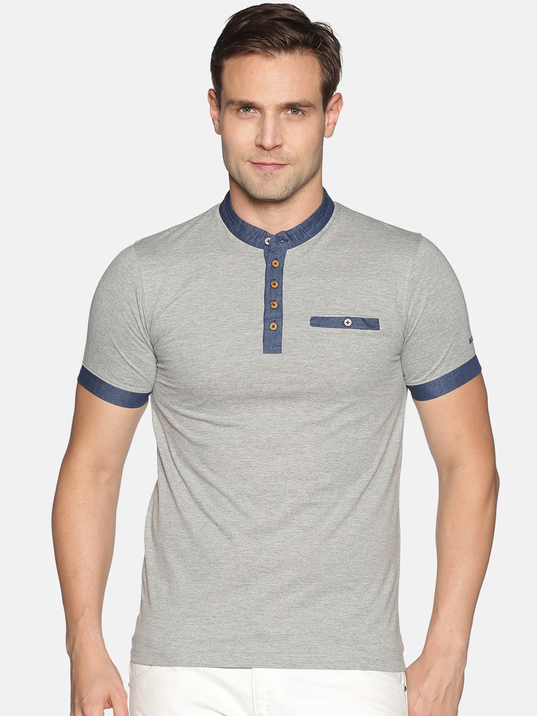 

Dollar Men Grey Melange Solid Mandarin Collar T-shirt