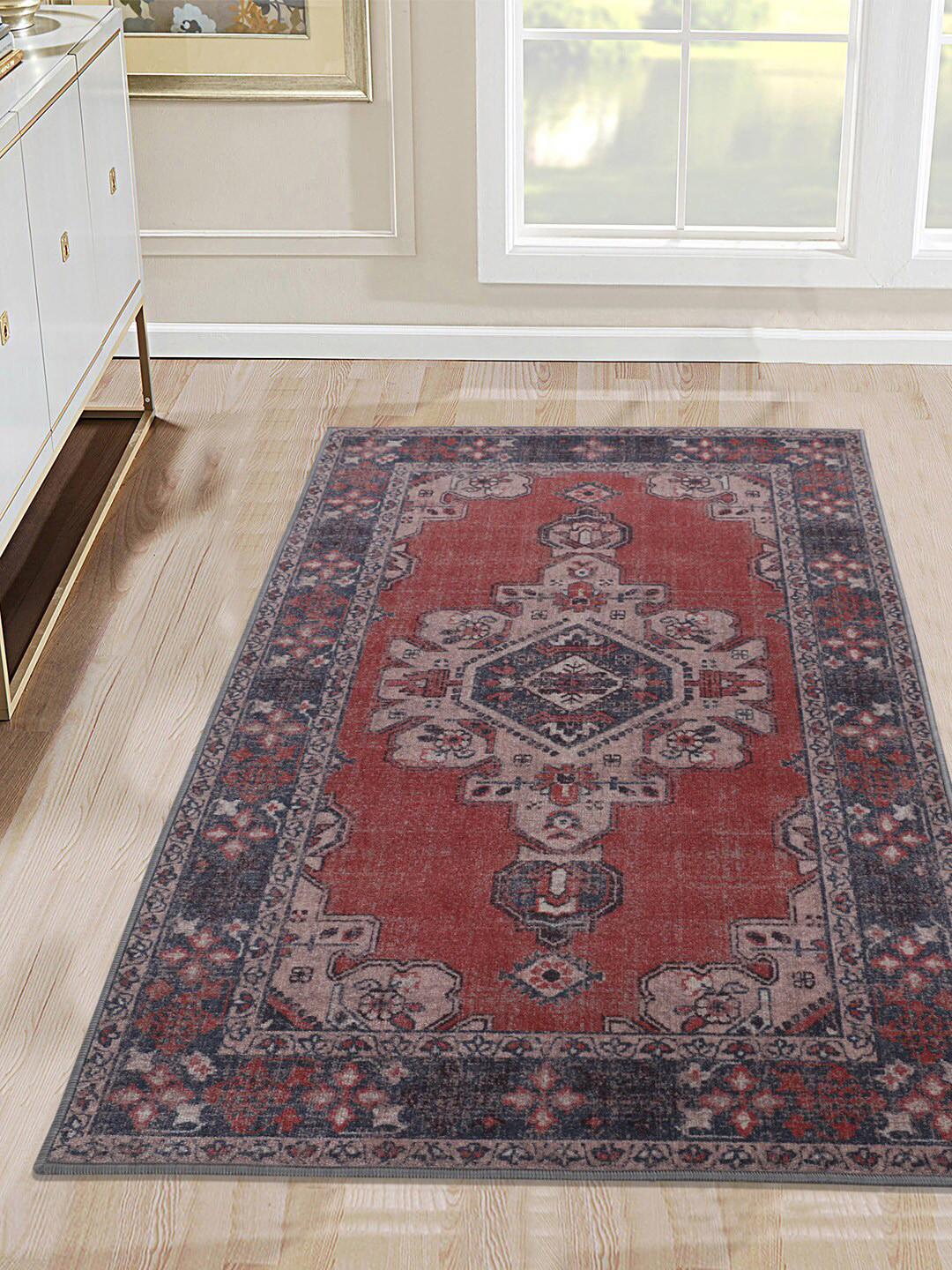 

RUGSMITH Red & Beige Ethnic Motifs Printed Anti-Skid Carpet