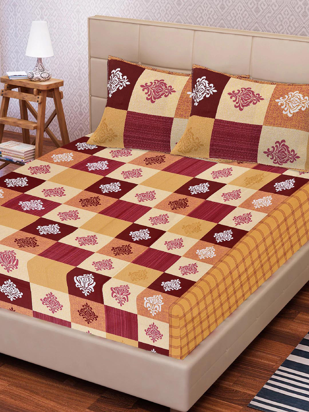 

Tistabene Orange & Maroon Ethnic Motifs 180 TC Cotton 1 King Bedsheet with 2 Pillow Covers